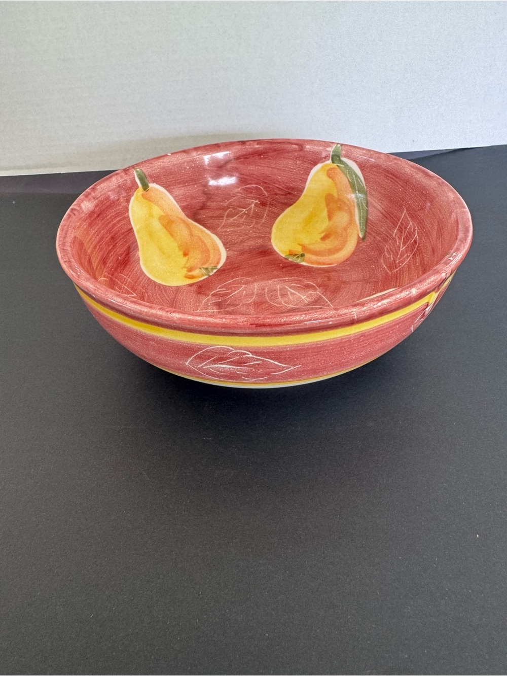 Hand-Painted Red Ceramic Fruit Bowl with Pear Design